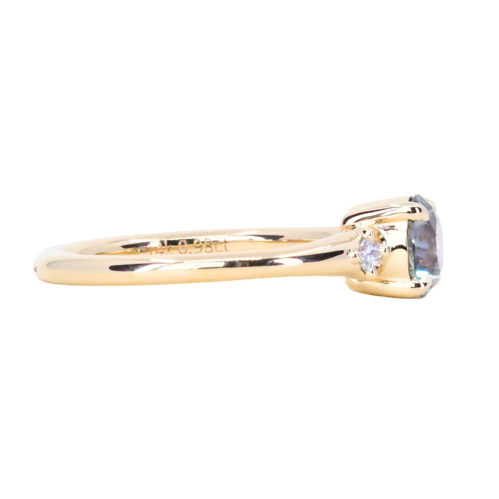 0.98ct Round Color Shifting Untreated Montana Sapphire and Princess Cut Diamond Rapids Low Profile Ring in 14k Yellow Gold