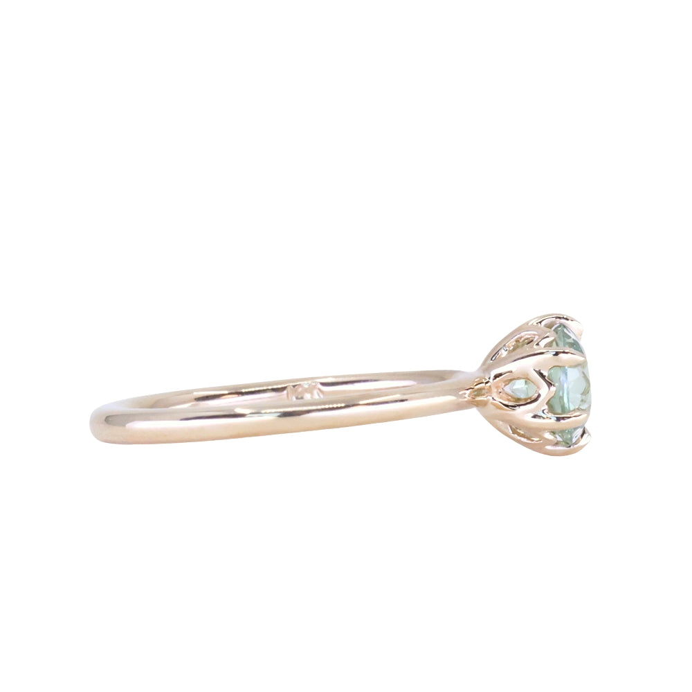 0.97ct Untreated Round Precision Cut Aqua Montana Sapphire Lotus Solitaire in 14k Yellow Gold