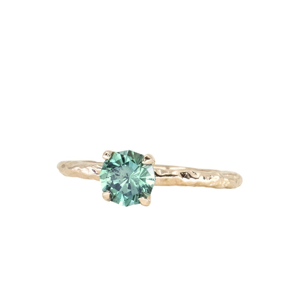 0.83ct Untreated Teal Montana Sapphire Evergreen Carved 4 Prong Solitaire in 14k Yellow Gold