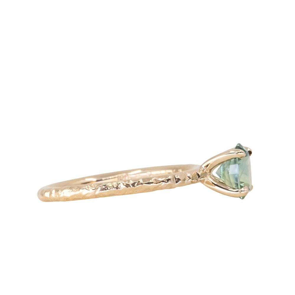 1.07ct Oval Medium Green Teal Montana Sapphire Evergreen Carved 4 Prong Solitaire in 14k Yellow Gold