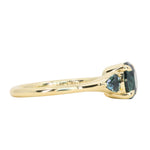 1.82ct Round Teal Precision Cut Montana Sapphire and Trillion Sapphire Low Profile Three Stone Ring in 18k Yellow Gold