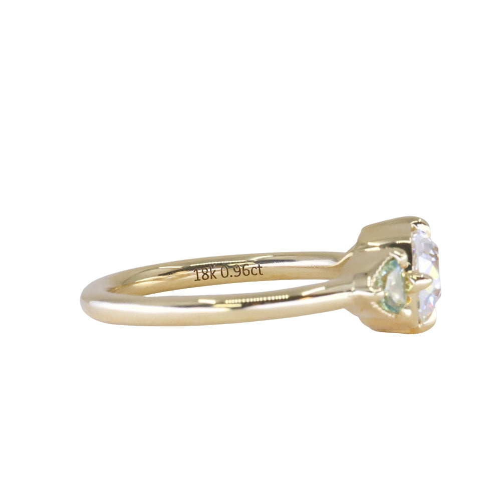 0.96ct Antique Old Mine Cut Diamond and Trillion Seafoam Montana Sapphire Antique Style Compass Set Low Profile Ring with Milgrain in 18k Yellow Gold