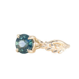 2.08ct Untreated Round Teal Sapphire Twisted Vine Split Shank Solitaire in 14k Yellow Gold with Diamonds
