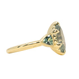 3.29ct Untreated Moval Montana Sapphire and Trillion Australian Sapphire Three Stone Scallop Cup Antique Style with Milgrain Low Profile Ring in 18k Yellow Gold