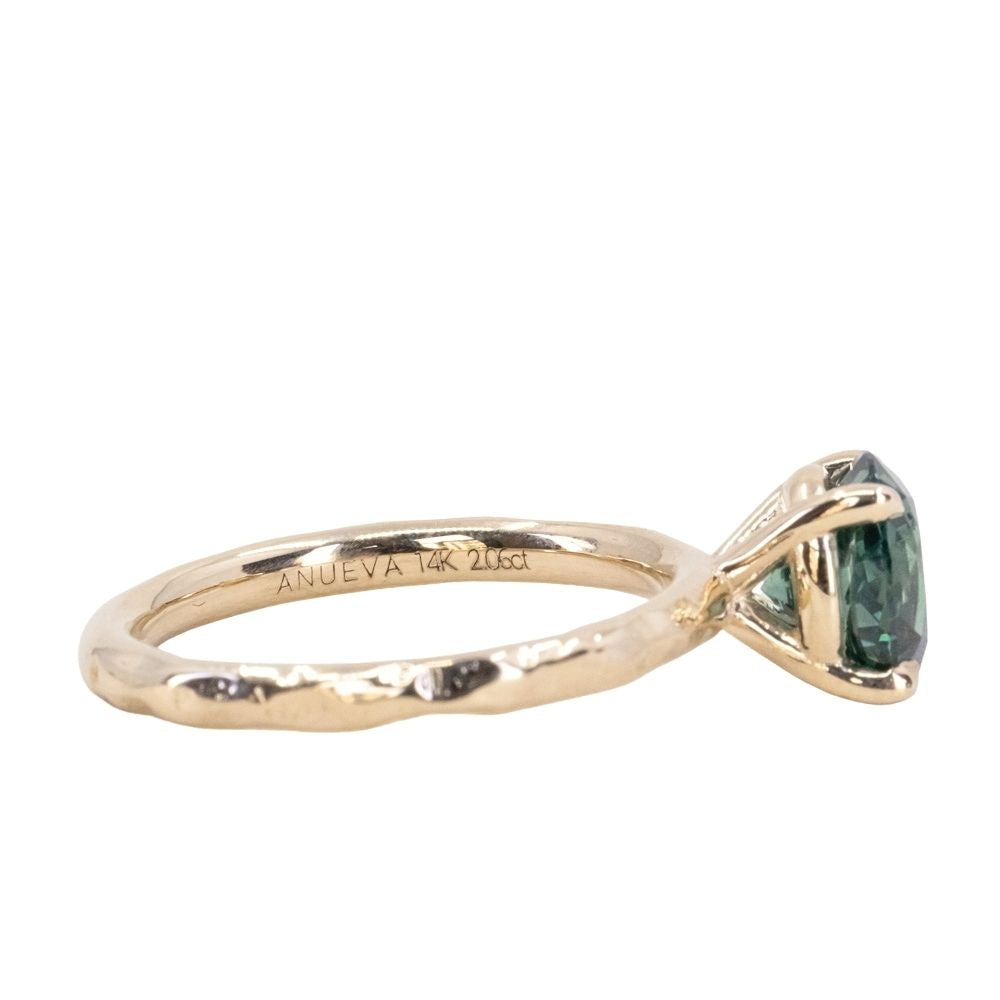 2.06ct Oval Precision Cut Teal Blue Green Oval Montana Sapphire Evergreen Carved 4 Prong Solitaire in 14k Yellow Gold