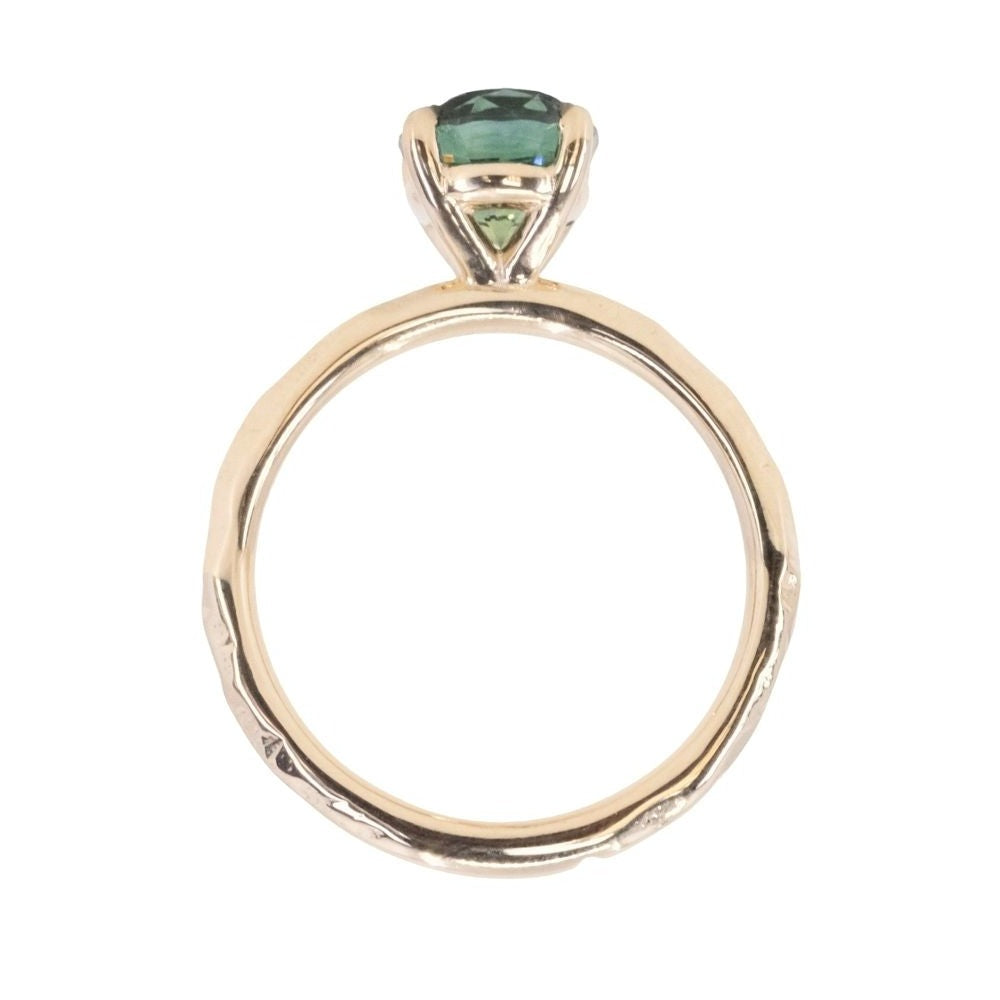 2.06ct Oval Precision Cut Teal Blue Green Oval Montana Sapphire Evergreen Carved 4 Prong Solitaire in 14k Yellow Gold