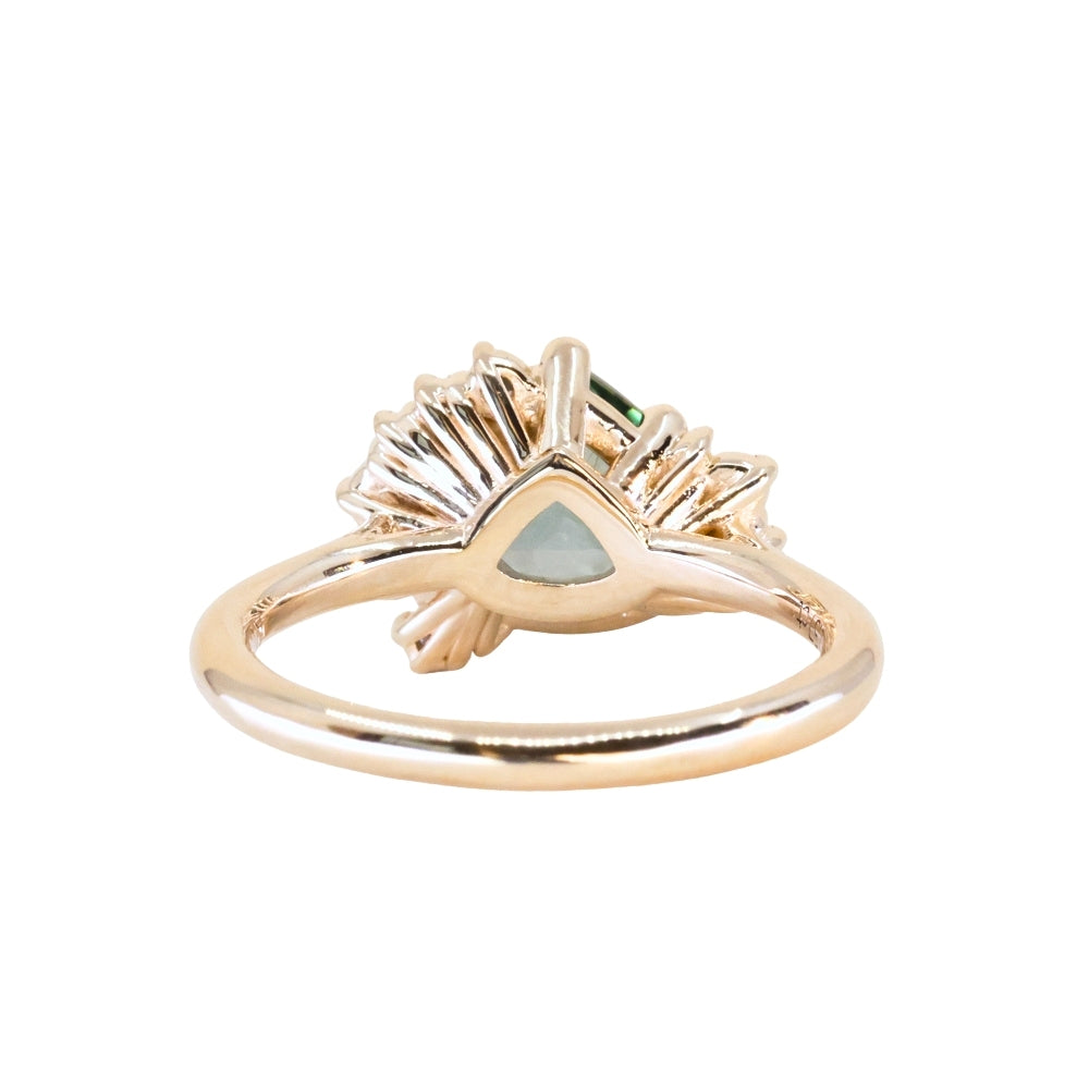 2.57ct Untreated Blue Wide Trillion Montana Sapphire and Antique Diamond Mountainscape Ring in 14k Yellow Gold