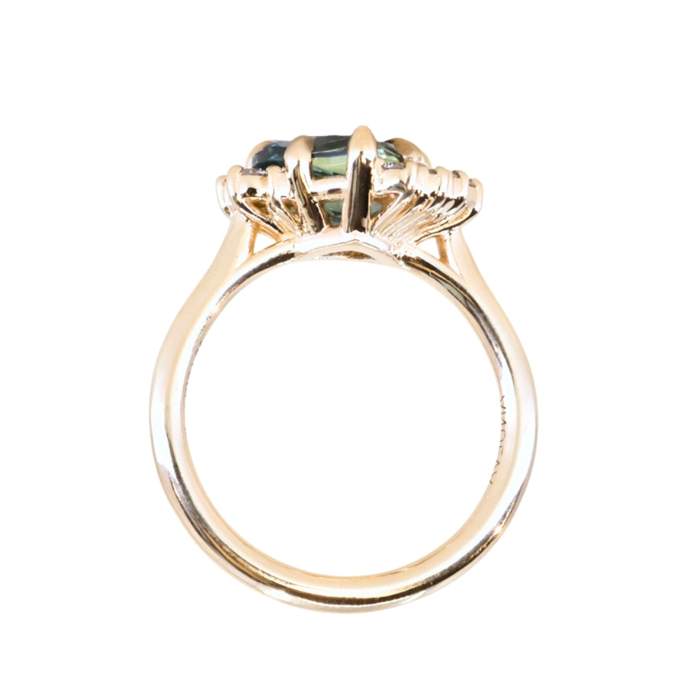 2.57ct Untreated Blue Wide Trillion Montana Sapphire and Antique Diamond Mountainscape Ring in 14k Yellow Gold