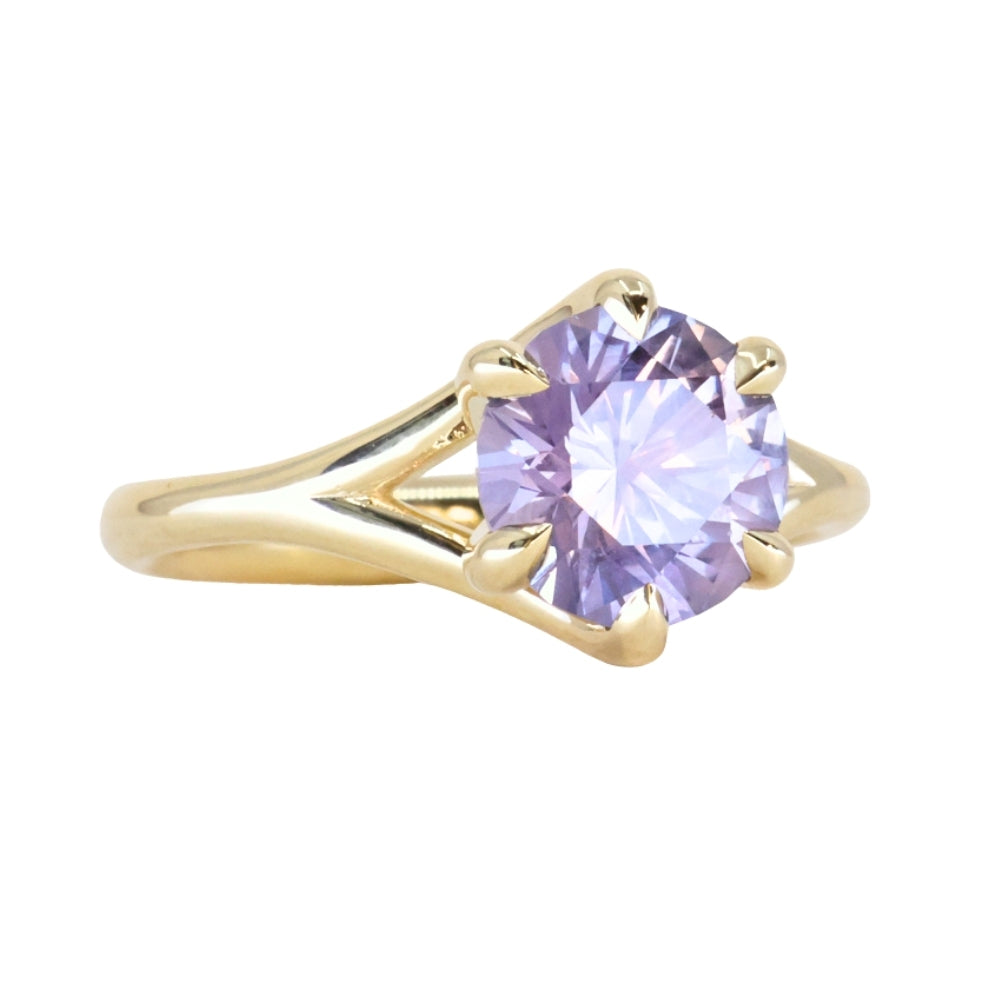 2.40ct Untreated Mauve Precision Cut Montana Sapphire Low Profile Six Prong Split Shank Solitaire in 18k Yellow Gold
