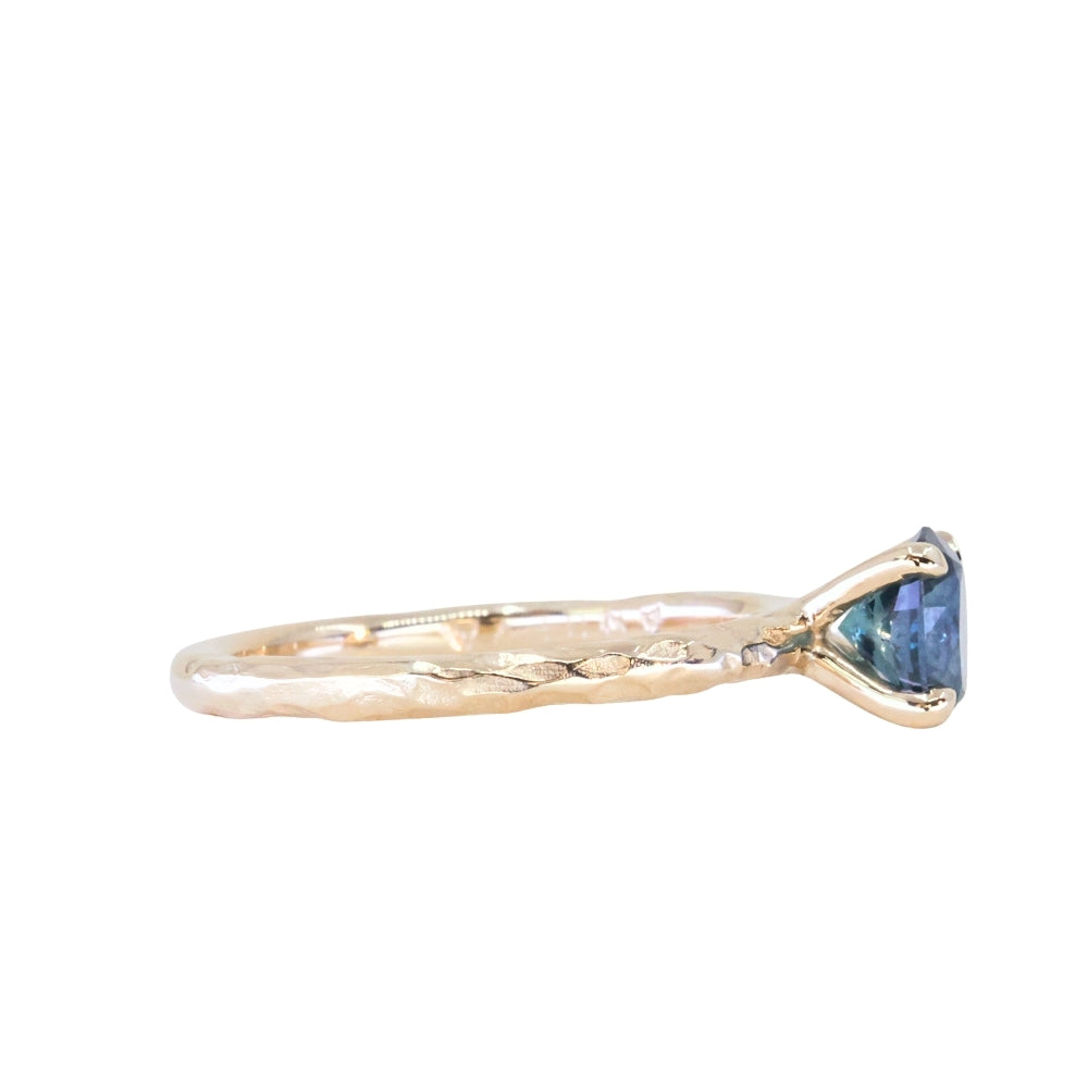 0.90ct Fancy Precision Teal Montana Sapphire Evergreen Carved 4 Prong Solitaire in 14k Yellow Gold