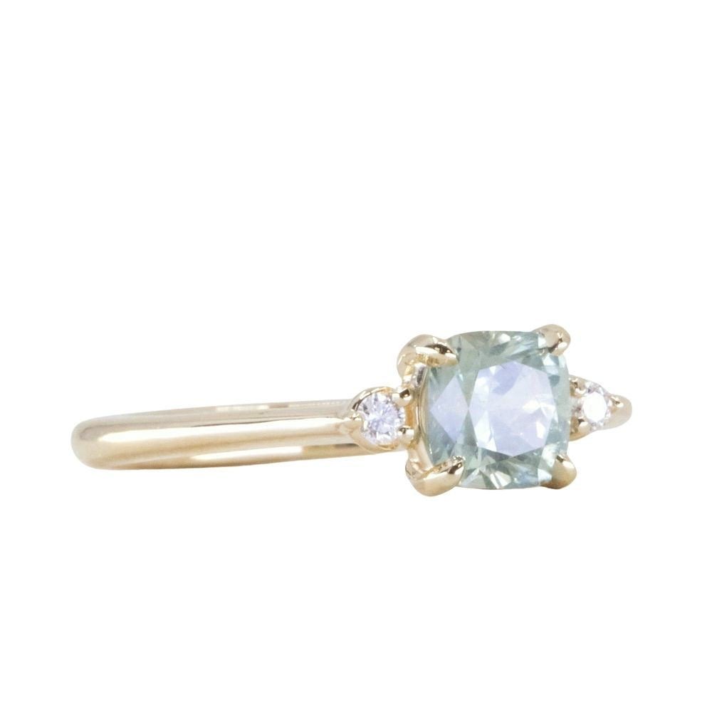 1.07ct Minty Seafoam Green Montana Sapphire and Diamond Dainty Three Stone Ring in 14k Yellow Gold