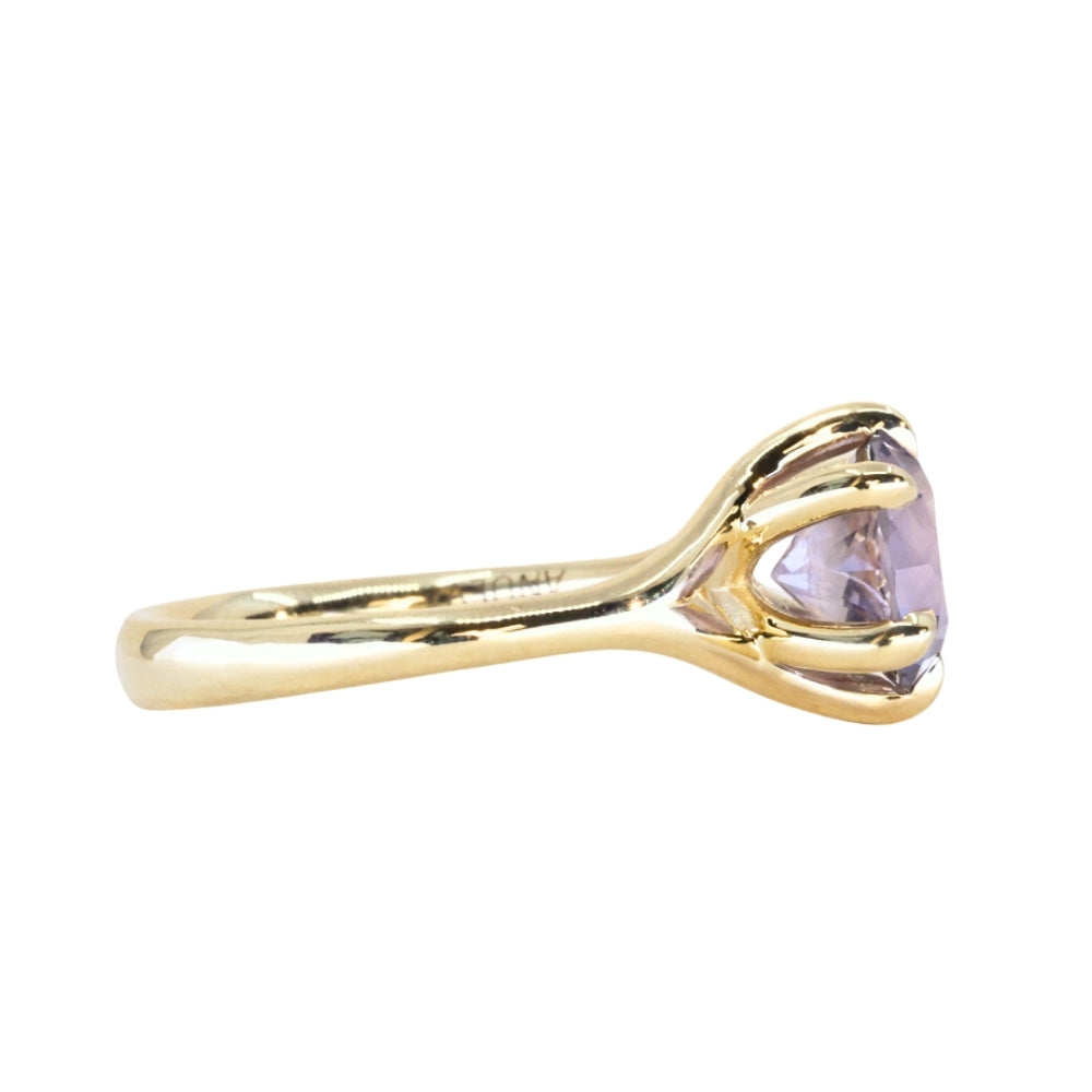 2.40ct Untreated Mauve Precision Cut Montana Sapphire Low Profile Six Prong Split Shank Solitaire in 18k Yellow Gold
