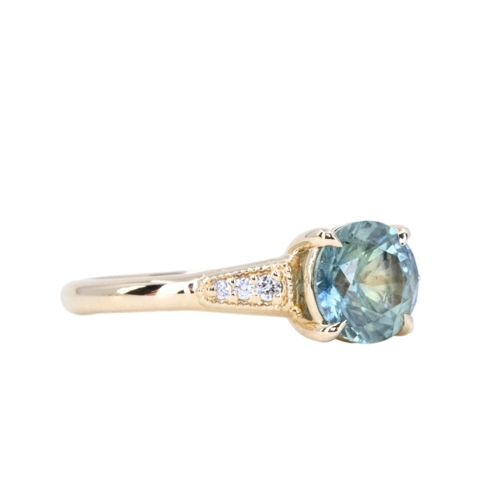 1.56ct Light Blue Green Montana Sapphire Four Prong Low Profile Milgrain and Diamond Ring in 14k Yellow Gold