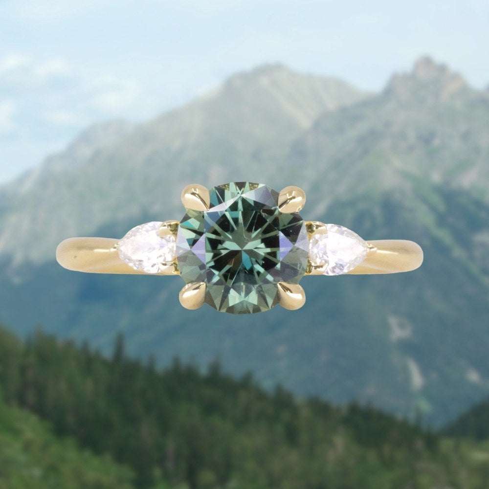 1.65ct Round Untreated Precision Cut Montana Sapphire and Natural Pear Diamond Three Stone Low Profile Ring in 18k Yellow Gold