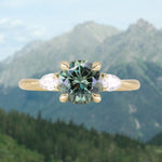1.65ct Round Untreated Precision Cut Montana Sapphire and Natural Pear Diamond Three Stone Low Profile Ring in 18k Yellow Gold