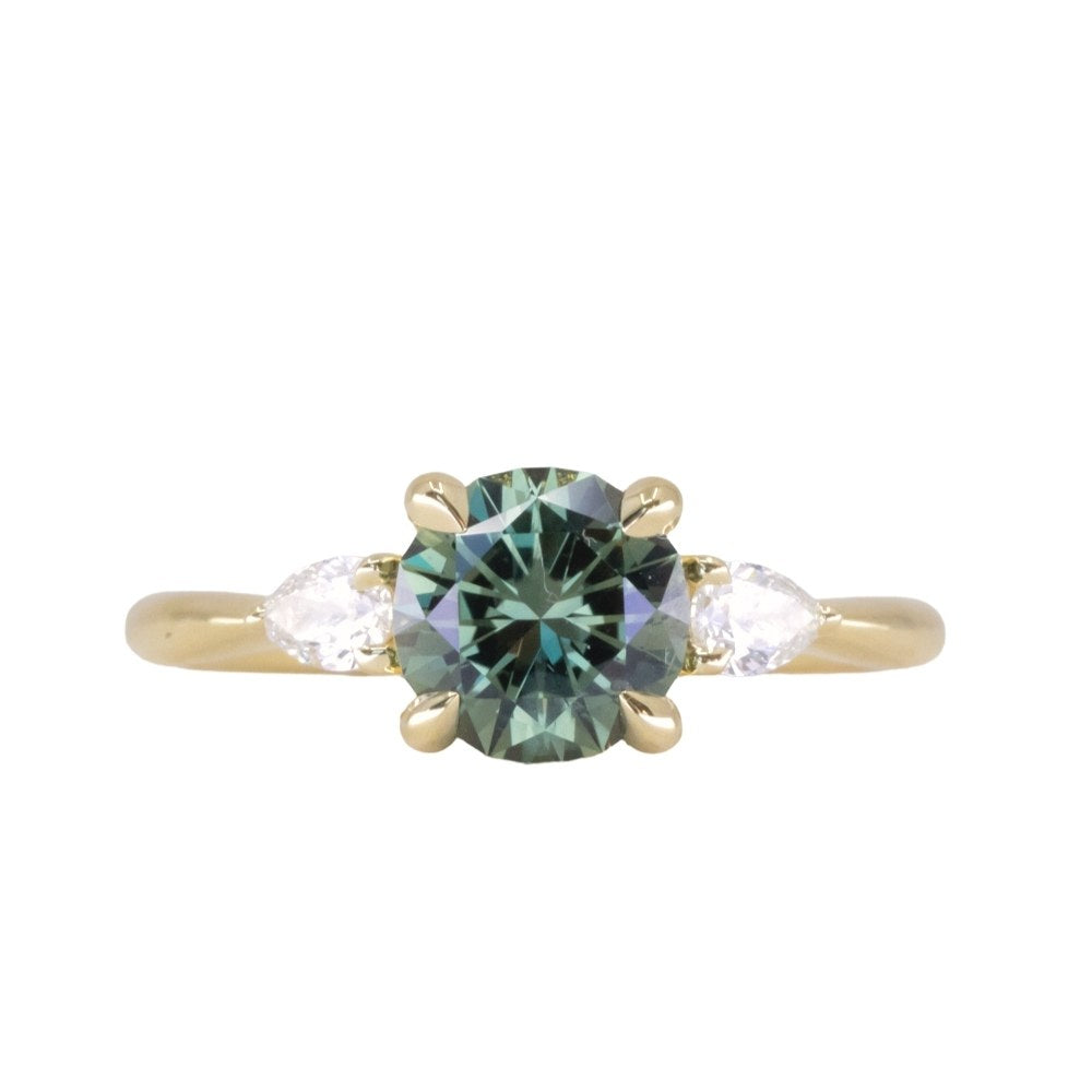 1.65ct Round Untreated Precision Cut Montana Sapphire and Natural Pear Diamond Three Stone Low Profile Ring in 18k Yellow Gold