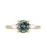 1.65ct Round Untreated Precision Cut Montana Sapphire and Natural Pear Diamond Three Stone Low Profile Ring in 18k Yellow Gold