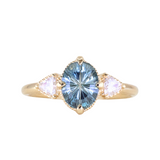 2.07ct Untreated Fantasy Cut Montana Sapphire and Diamond  Antique Milgrain Three Stone Low Profile Ring in 14k Yellow Gold