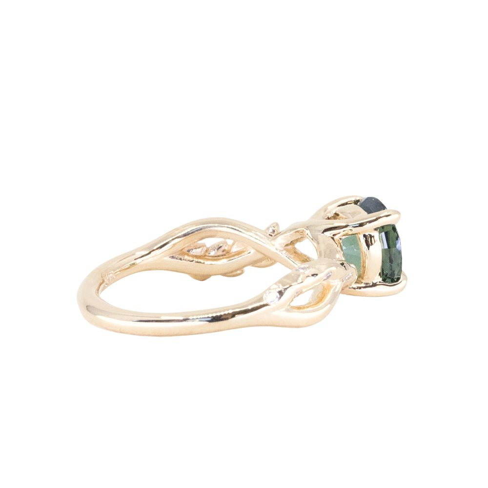 2.08ct Untreated Round Teal Sapphire Twisted Vine Split Shank Solitaire in 14k Yellow Gold with Diamonds