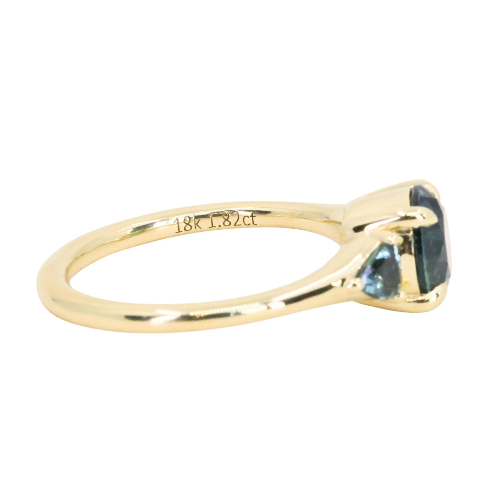 1.82ct Round Teal Precision Cut Montana Sapphire and Trillion Sapphire Low Profile Three Stone Ring in 18k Yellow Gold