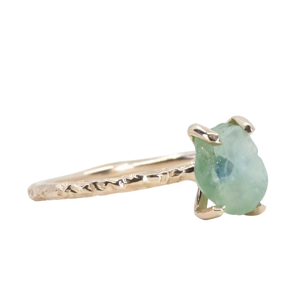 Rough Montana Sapphire Dainty Evergreen Prong Set Rings in 14k White, Yellow and Rose Gold