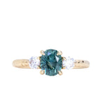 1.36ct Oval Montana Sapphire and Lab Diamond Three Stone Ring in 14K Yellow Gold with Evergreen Texture