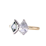 GIA 1.0ct Natural Pear Diamond and Geo Montana Sapphire Two Tone Toi Et Moi Ring in 18k Yellow Gold and Platinum