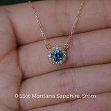 Dainty 14k Yellow Gold Montana Sapphire and Diamond Halo Necklaces