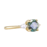 1.65ct Round Untreated Precision Cut Montana Sapphire and Natural Pear Diamond Three Stone Low Profile Ring in 18k Yellow Gold