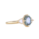2.07ct Untreated Fantasy Cut Montana Sapphire and Diamond  Antique Milgrain Three Stone Low Profile Ring in 14k Yellow Gold