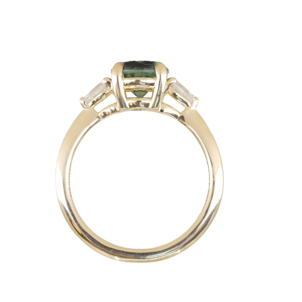 1.65ct Round Untreated Precision Cut Montana Sapphire and Natural Pear Diamond Three Stone Low Profile Ring in 18k Yellow Gold