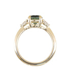 1.65ct Round Untreated Precision Cut Montana Sapphire and Natural Pear Diamond Three Stone Low Profile Ring in 18k Yellow Gold