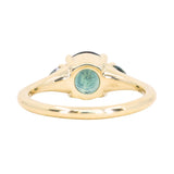 1.82ct Round Teal Precision Cut Montana Sapphire and Trillion Sapphire Low Profile Three Stone Ring in 18k Yellow Gold