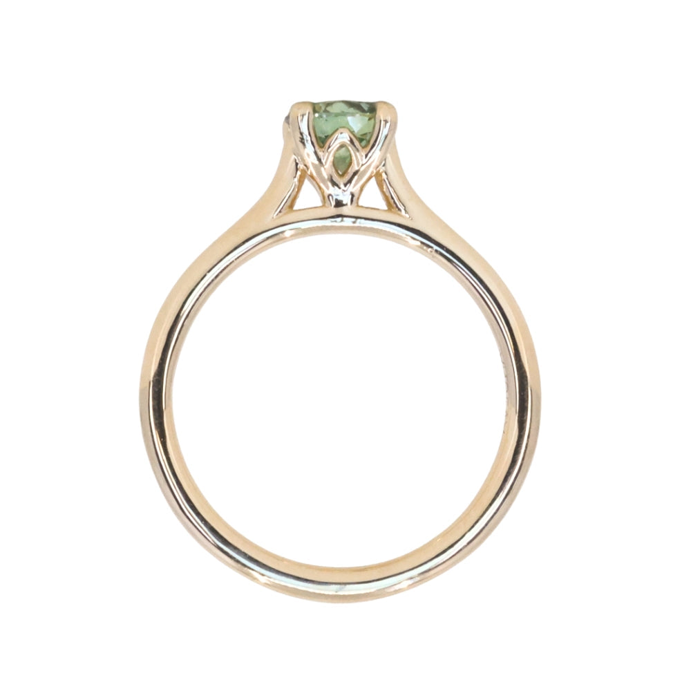 0.78ct Round Seafoam Teal Green Montana Sapphire Four Prong Lotus Solitaire in 14k Yellow Gold