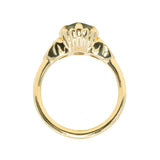 3.29ct Untreated Moval Montana Sapphire and Trillion Australian Sapphire Three Stone Scallop Cup Antique Style with Milgrain Low Profile Ring in 18k Yellow Gold