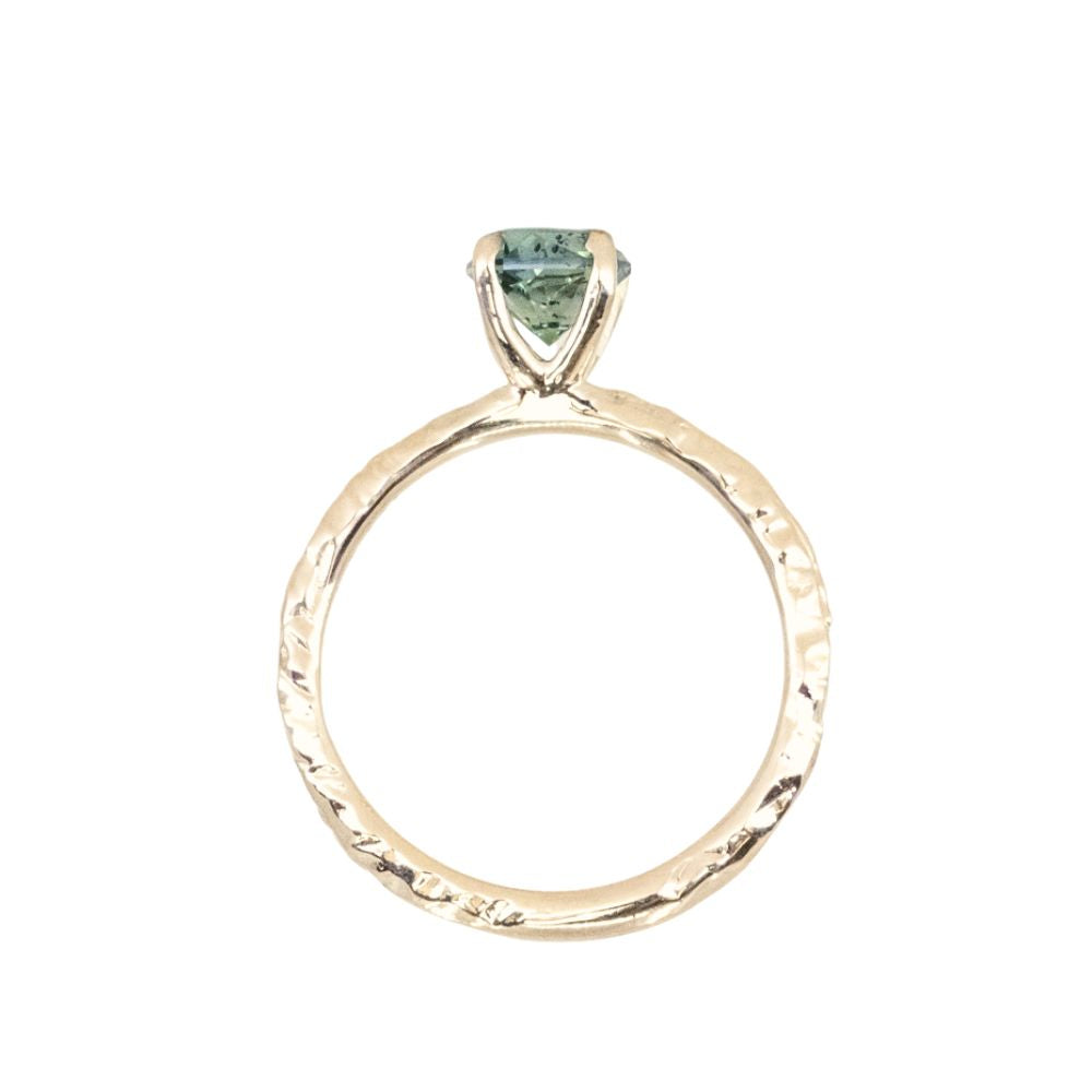 0.83ct Untreated Teal Montana Sapphire Evergreen Carved 4 Prong Solitaire in 14k Yellow Gold
