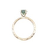 0.83ct Untreated Teal Montana Sapphire Evergreen Carved 4 Prong Solitaire in 14k Yellow Gold