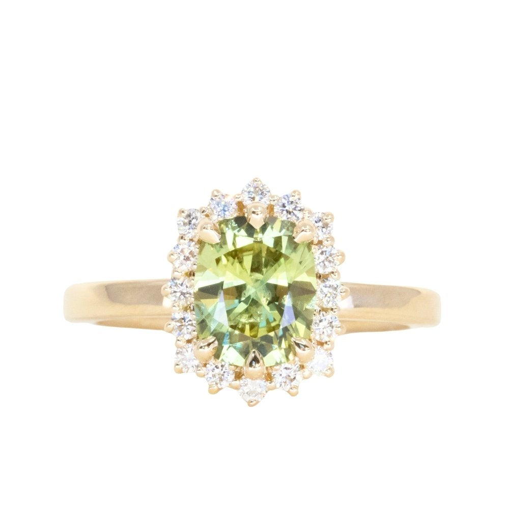 1.64ct Elongated Cushion Cut Green Montana Sapphire Antique-Style Diamond Halo Ring in 14k Green Gold