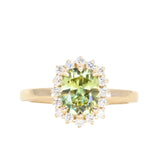 1.64ct Elongated Cushion Cut Green Montana Sapphire Antique-Style Diamond Halo Ring in 14k Green Gold