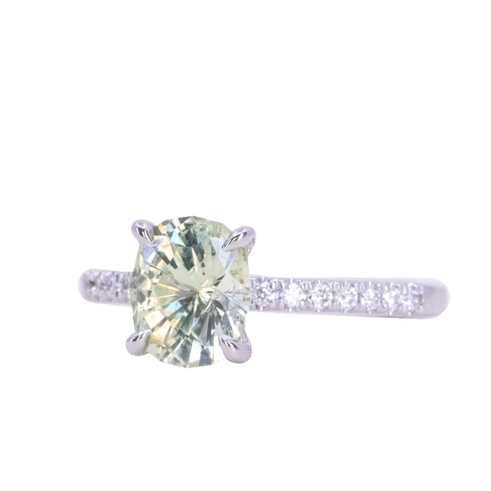 1.94ct Elongated Cushion Cut Light Green Montana Sapphire and French Set Diamond Solitaire in 14K White Gold