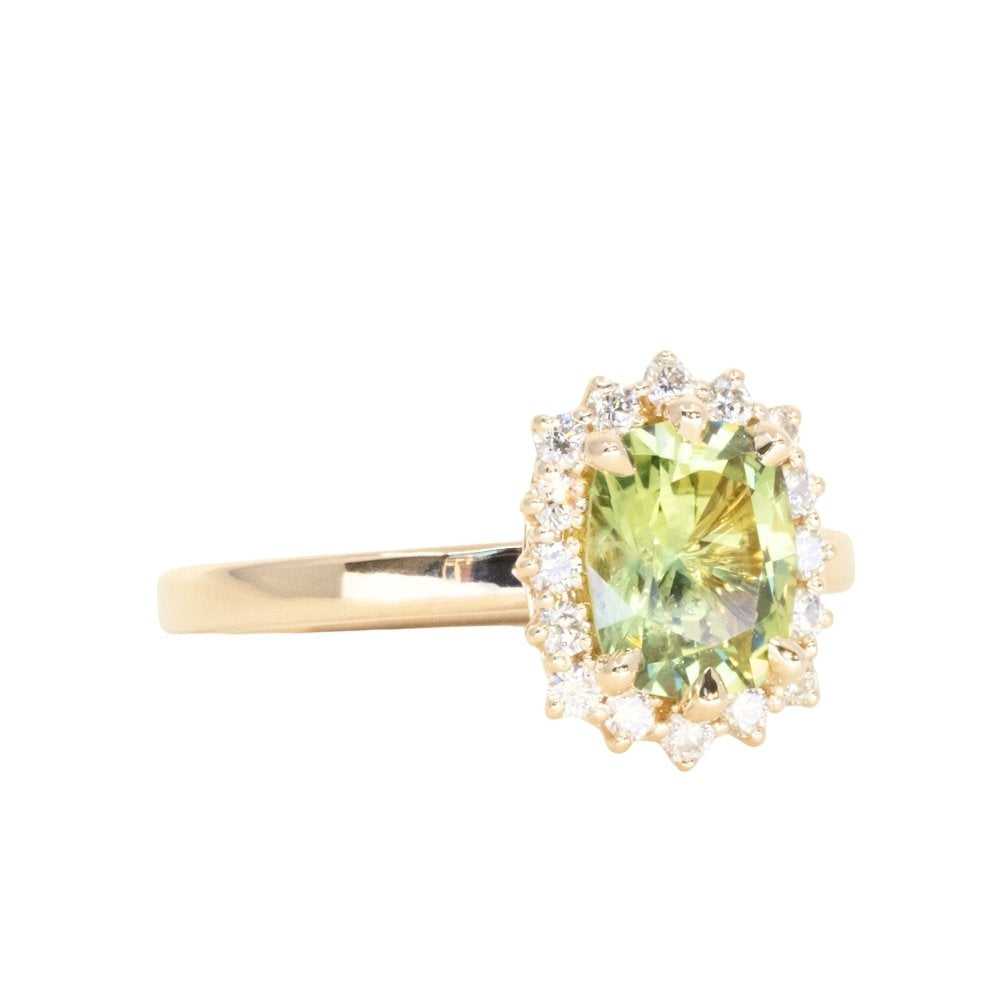 1.64ct Elongated Cushion Cut Green Montana Sapphire Antique-Style Diamond Halo Ring in 14k Green Gold