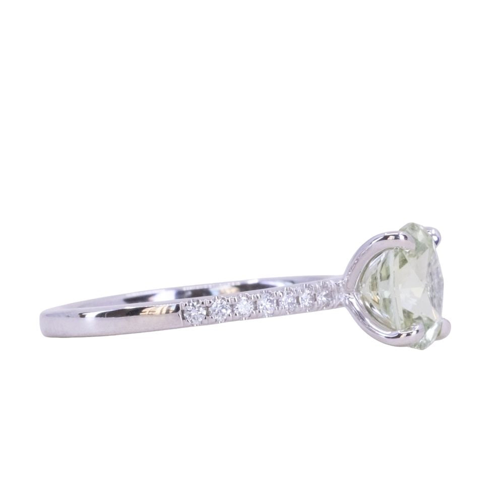 1.94ct Elongated Cushion Cut Light Green Montana Sapphire and French Set Diamond Solitaire in 14K White Gold