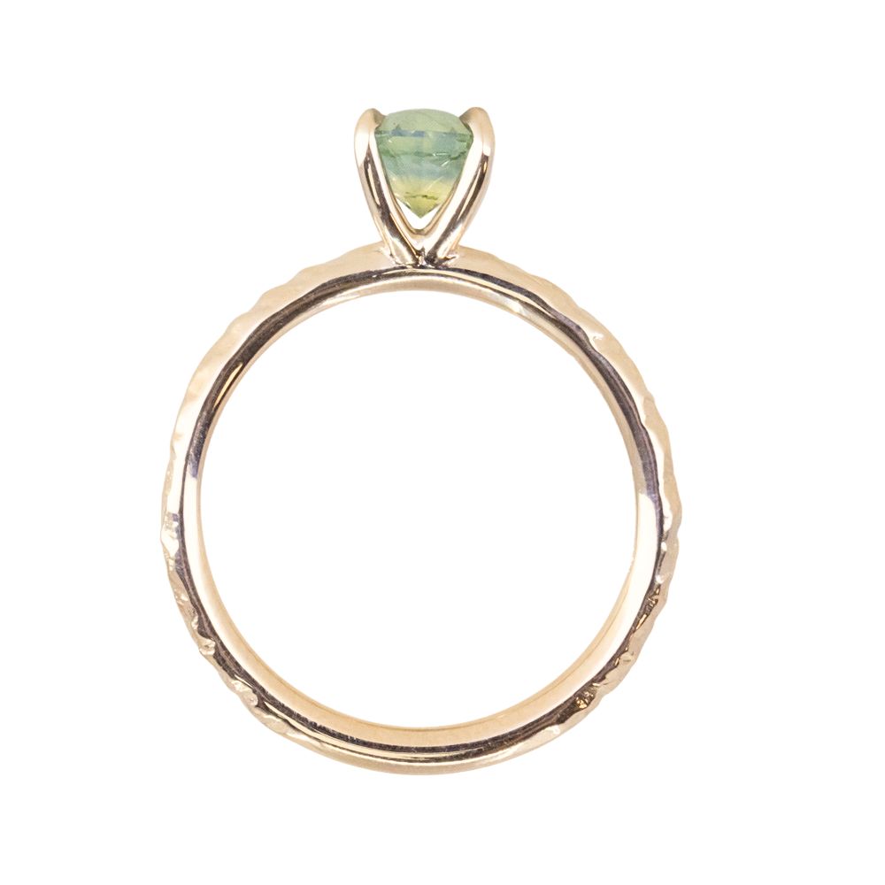 1.07ct Oval Medium Green Teal Montana Sapphire Evergreen Carved 4 Prong Solitaire in 14k Yellow Gold