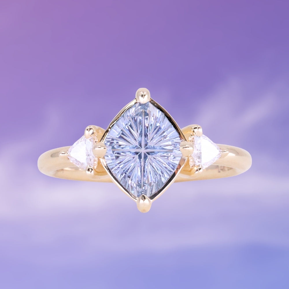 1.93ct Untreated Fantasy Cut Montana Sapphire and Diamond  Antique Milgrain Three Stone Low Profile Ring in 14k Yellow Gold