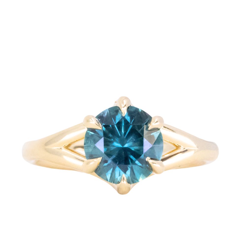 1.93ct Ocean Blue Teal Montana Sapphire Low Profile Six Prong Split Shank Solitaire in 18k Yellow Gold