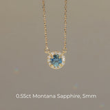 Dainty 14k Yellow Gold Montana Sapphire and Diamond Halo Necklaces