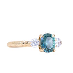 1.36ct Oval Montana Sapphire and Lab Diamond Three Stone Ring in 14K Yellow Gold with Evergreen Texture