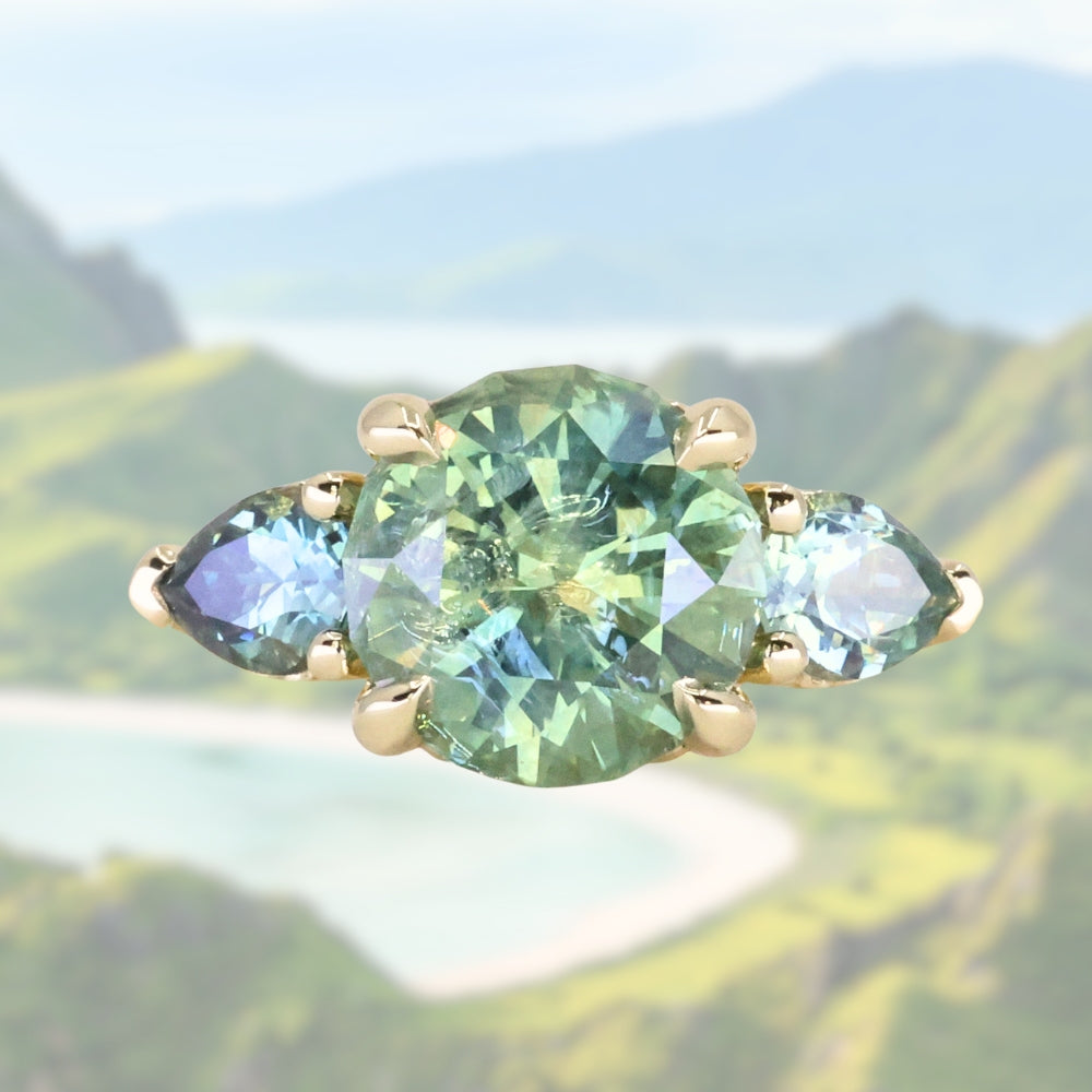 2.75ct Round Untreated Parti Montana Sapphire and Pear Montana Sapphire Three Stone Low Profile Scallop Ring in 18k Yellow Gold