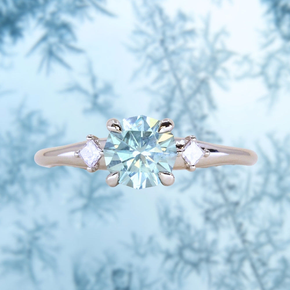 1.20ct Untreated Round Aqua Montana Sapphire and Princess Cut Diamond Rapids Low Profile Ring in 14k White Gold