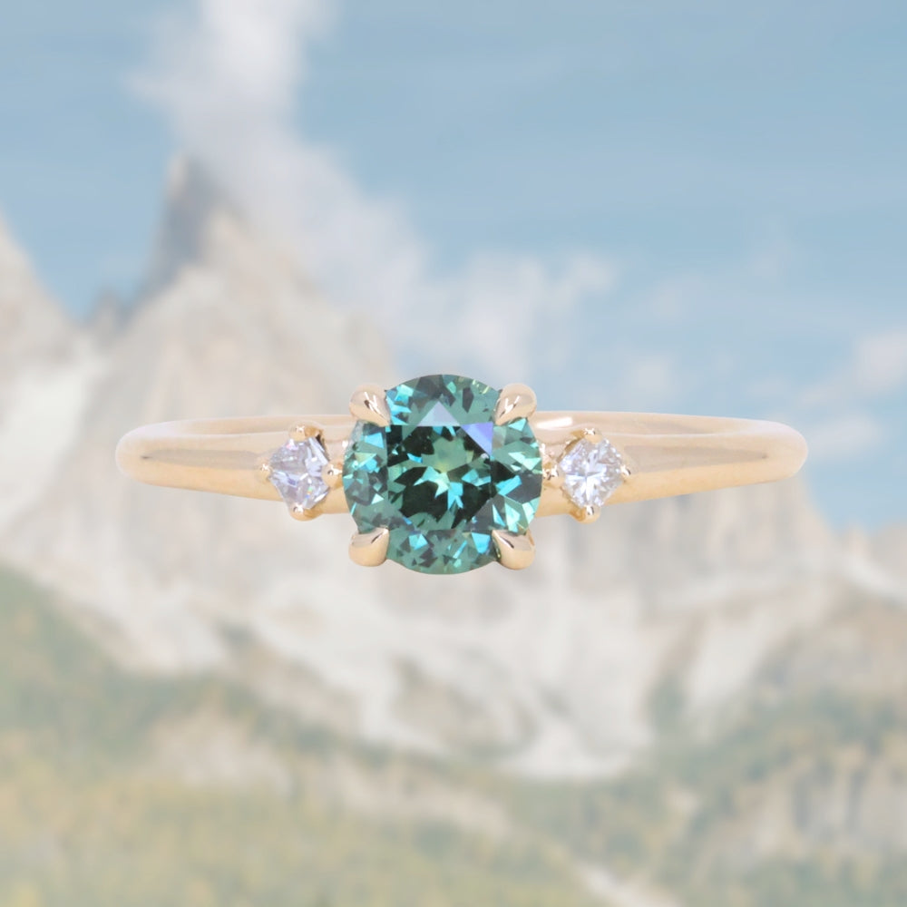 0.80ct Round Montana Sapphire and Princess Cut Diamond Rapids Low Profile Ring in 14k Yellow Gold